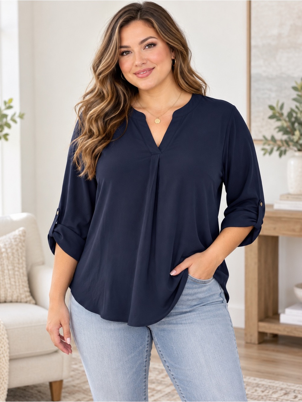 NWT Gaharu Roll Tab Sleeve V-Neck Blouse Size XXL